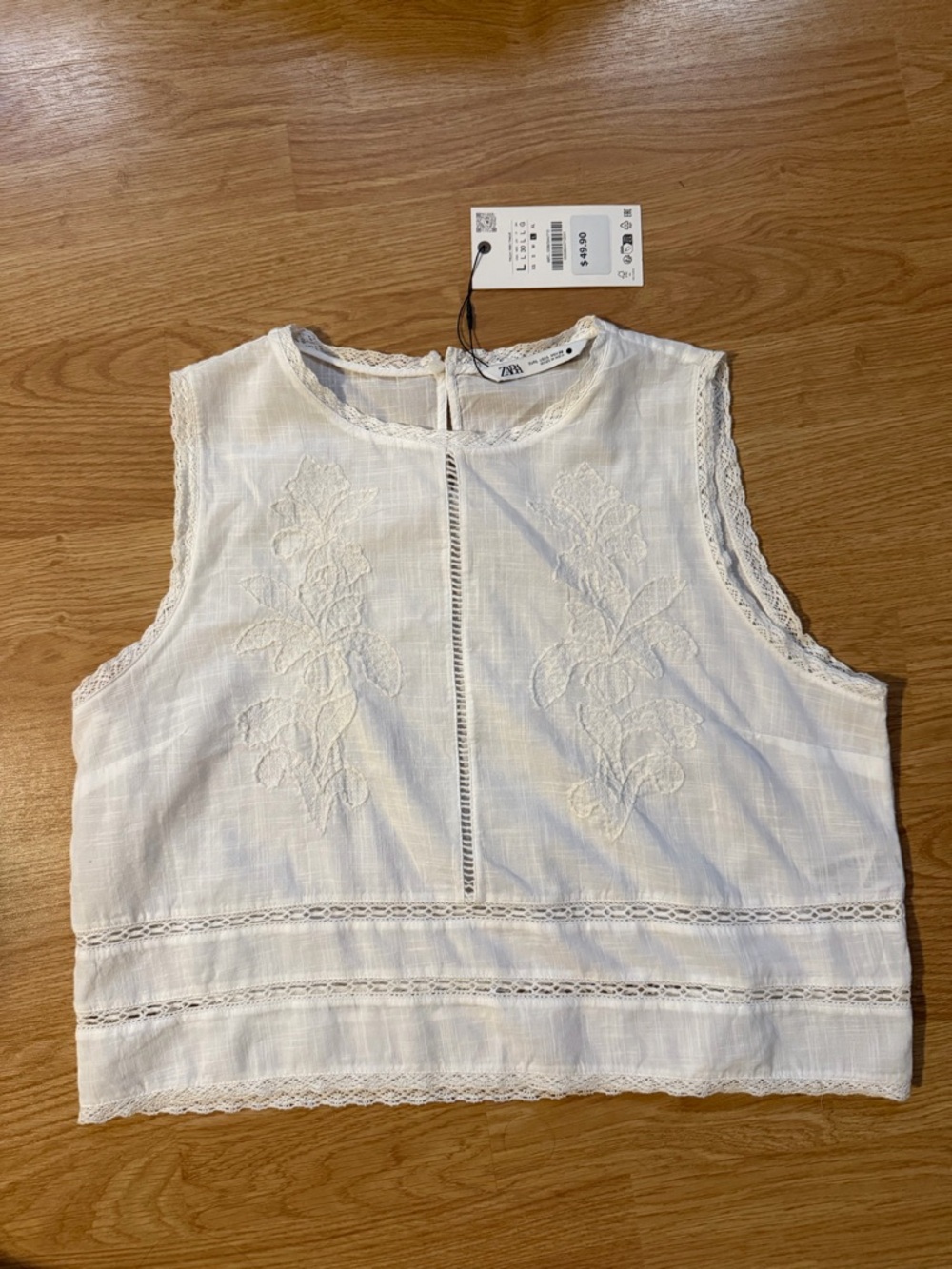 Zara White Embroidered Lace-Trim Top